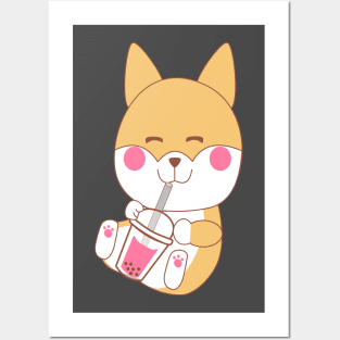 Kawaii Shiba Inu japanese dog drinking bubble boba tea Posters and Art